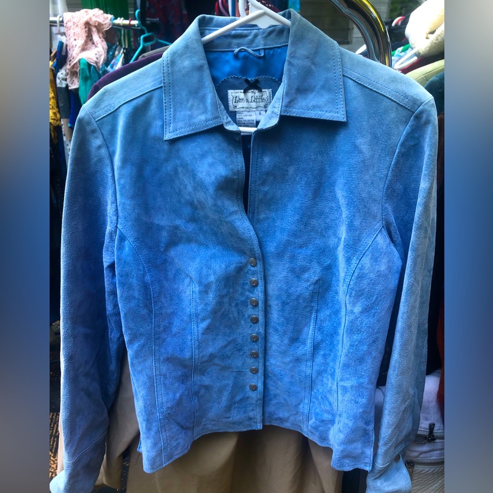 Vintage Live a little periwinkle blue suede jacket